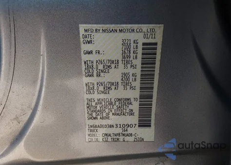 2011 Nissan Titan Sv from USA, damaged, VIN 1N6BA0ED3BN310907